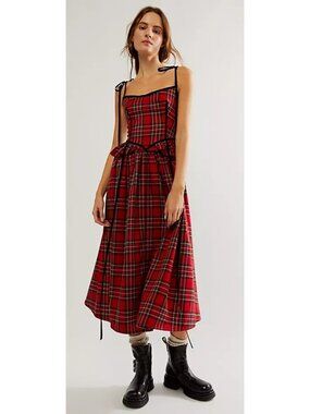 Eliza Faulkner Tessa Midi Dress Womens L Plaid Castlecore Corset Holiday Red